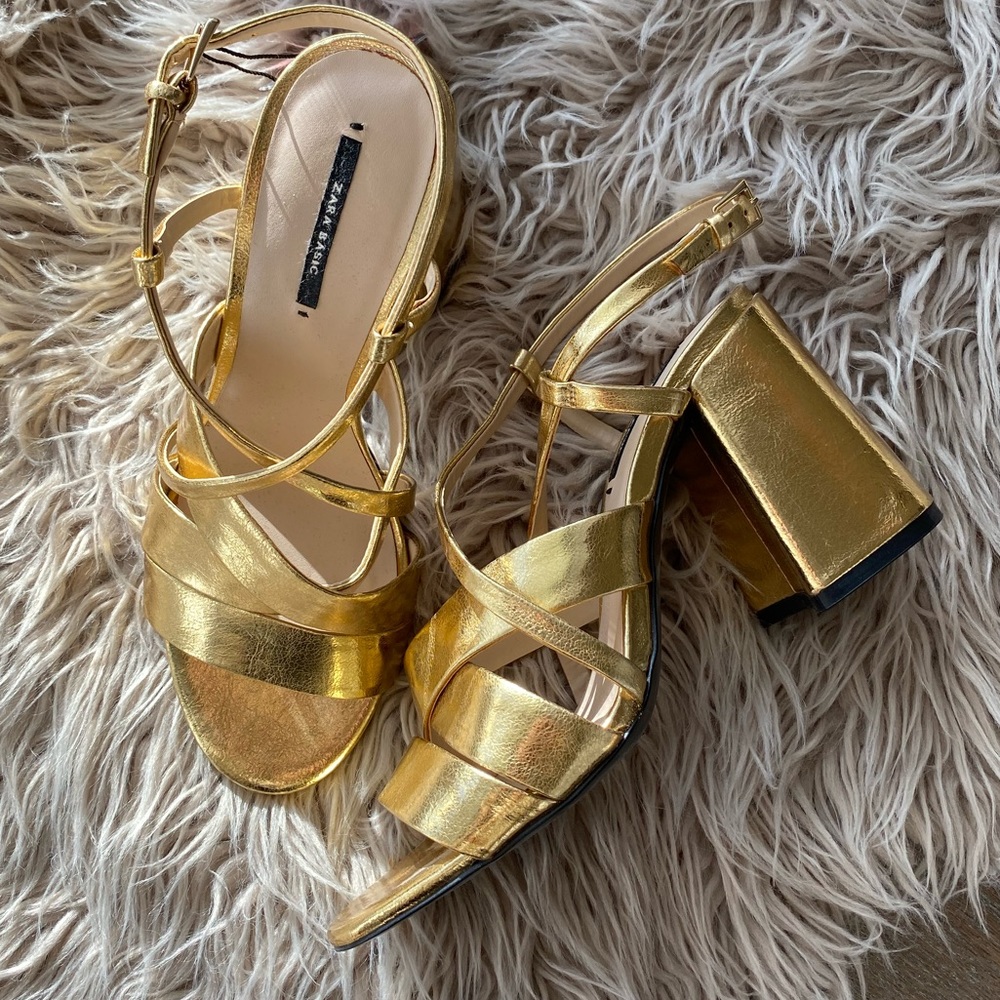 Gold Chunky Heel Strappy Sandal Zara 38